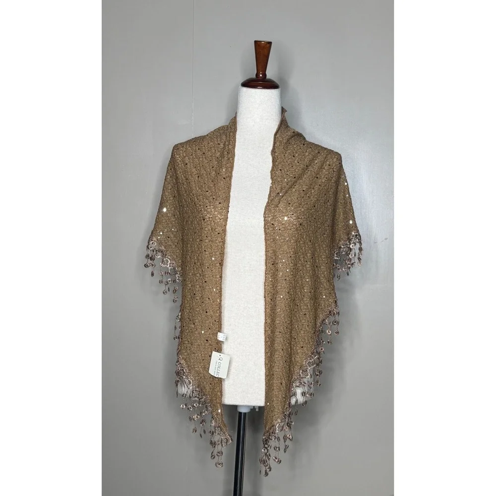 NWT R Collection Brown Bronze Sequin Crochet Triangle Shawl Fringe Wrap